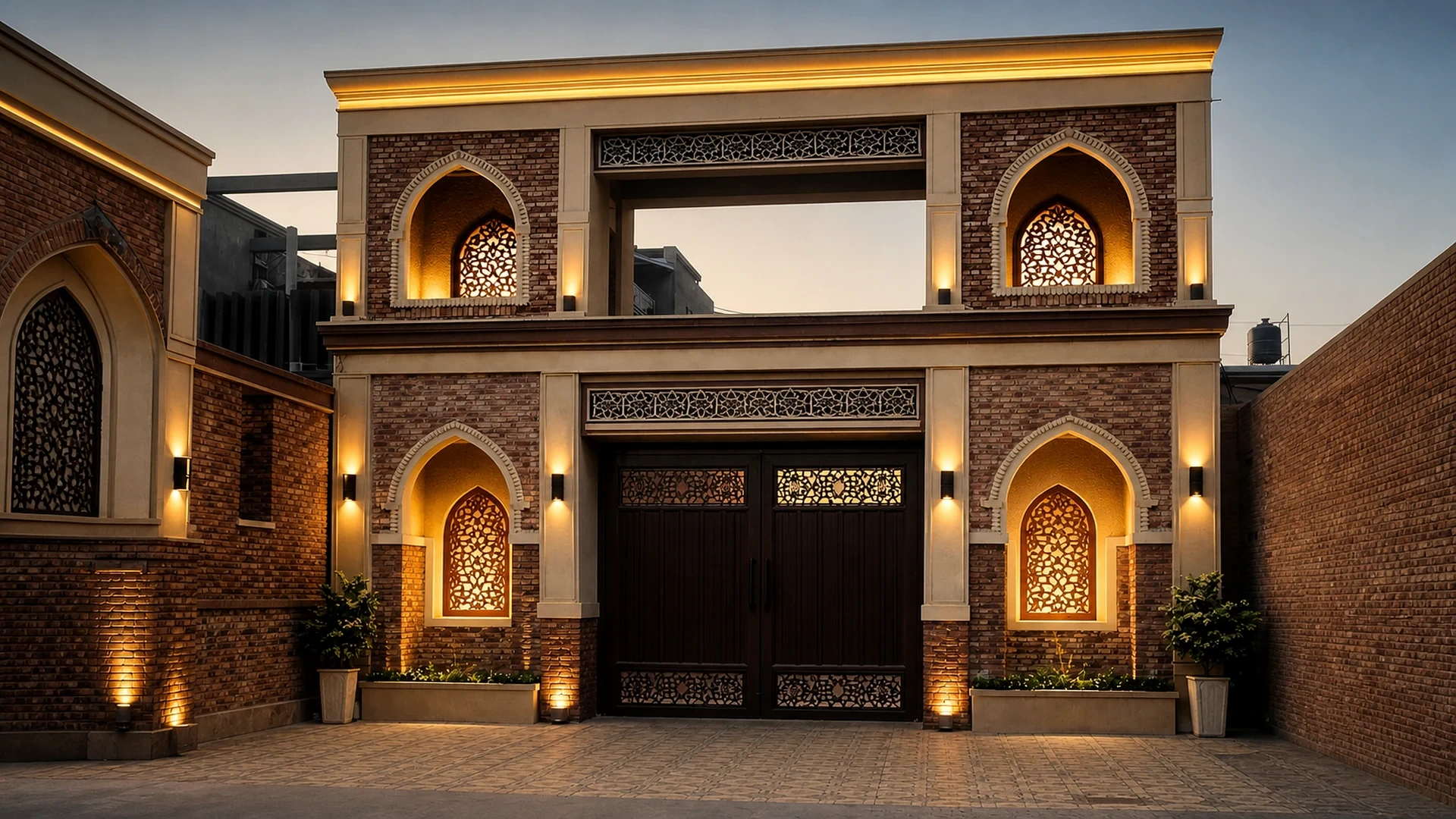 Jamia Mahmoodia illuminated main entrance and courtyard